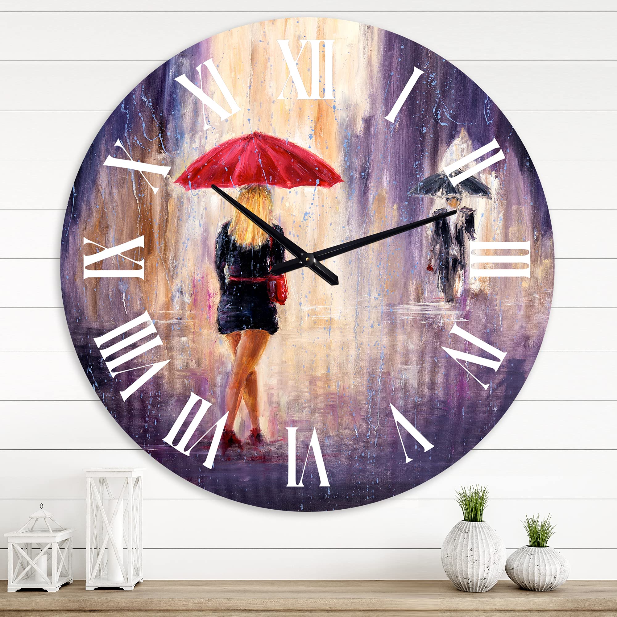 French Country Wall Clock 'The Woman with The Umbrella Walking in The Rain II' - Large Vintage Wall Clock for Living Room, Bedroom & Office Decor - Perfect Rustic Home Décor Gift