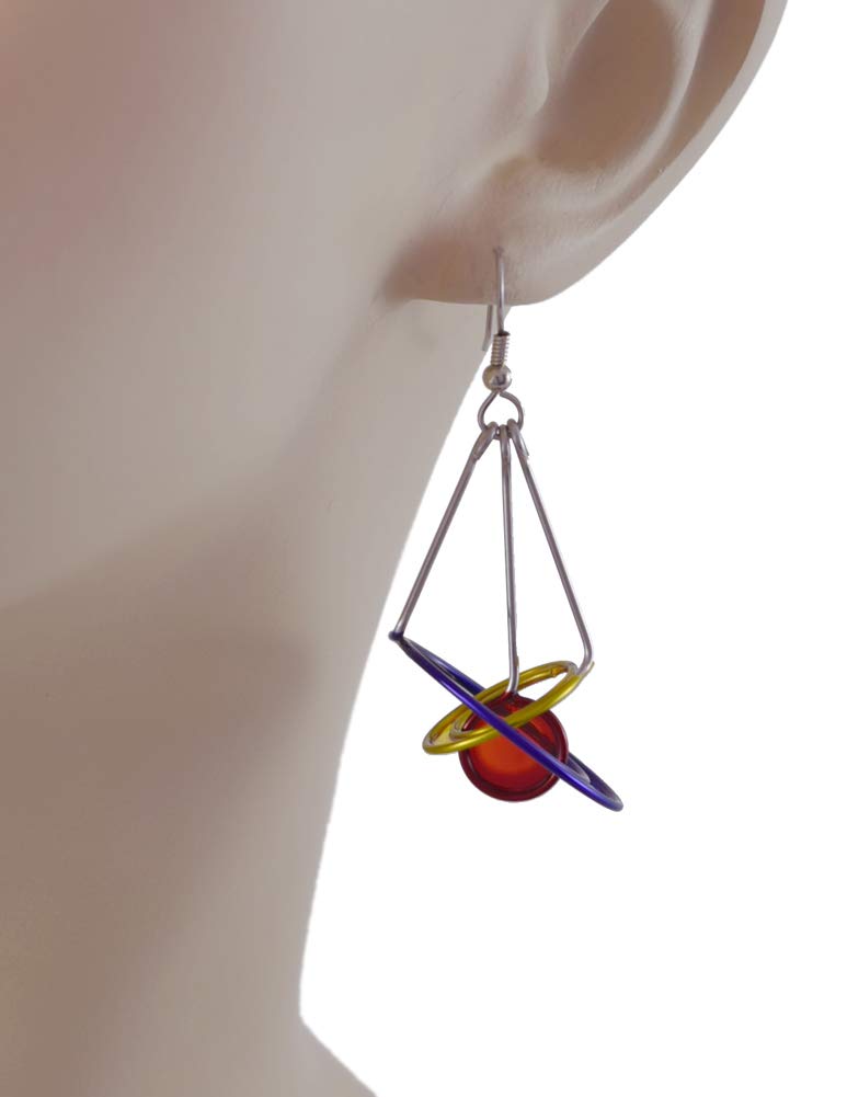 Kinetic Sculpture Inspired Stainless Steel Art Earrings - Red Blue Yellow Cosmos Design for Women, Perfect for Parties, Weddings, and Everyday Elegance