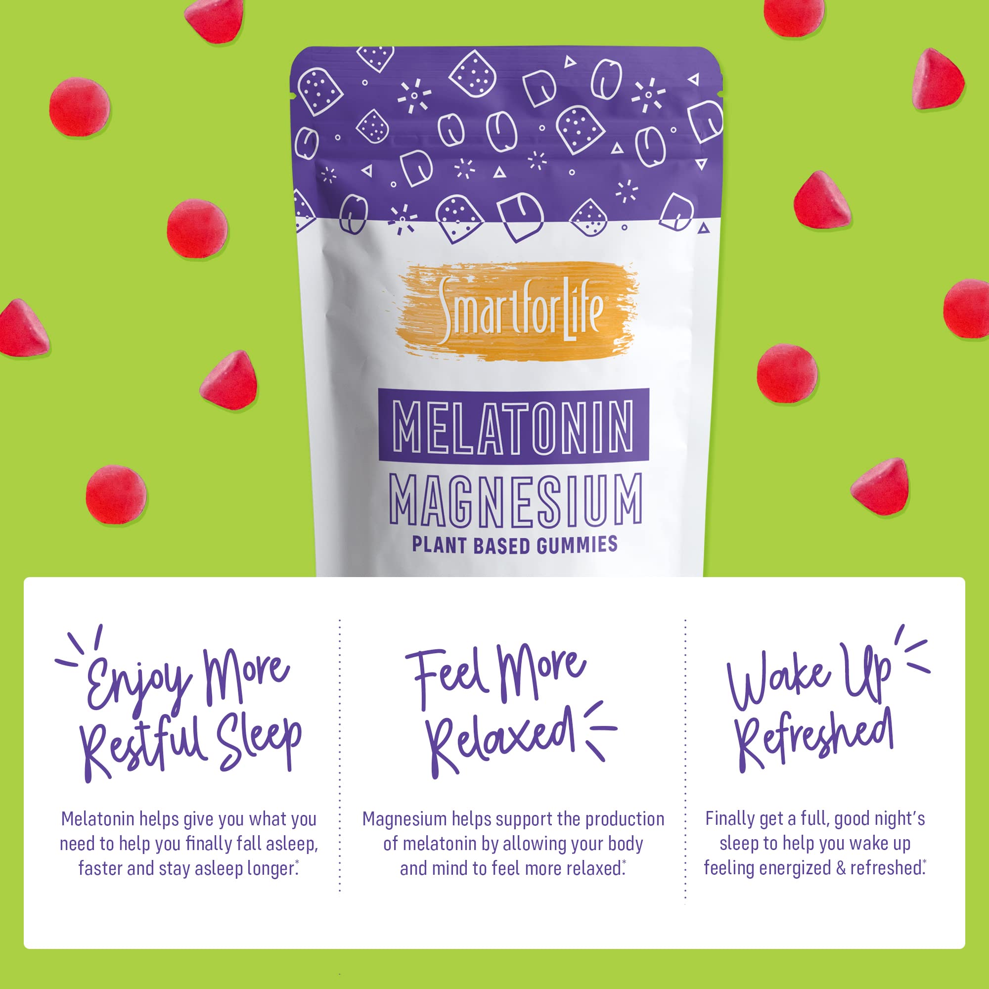 SMART FOR LIFE Melatonin Gummies 5mg with Magnesium - 60 Count Vegan Sleep Aid - Strawberry Flavor Plant-Based Supplement for Adults - Supports Heart & Bone Health - Perfect for Nighttime Relaxation & Better Sleep