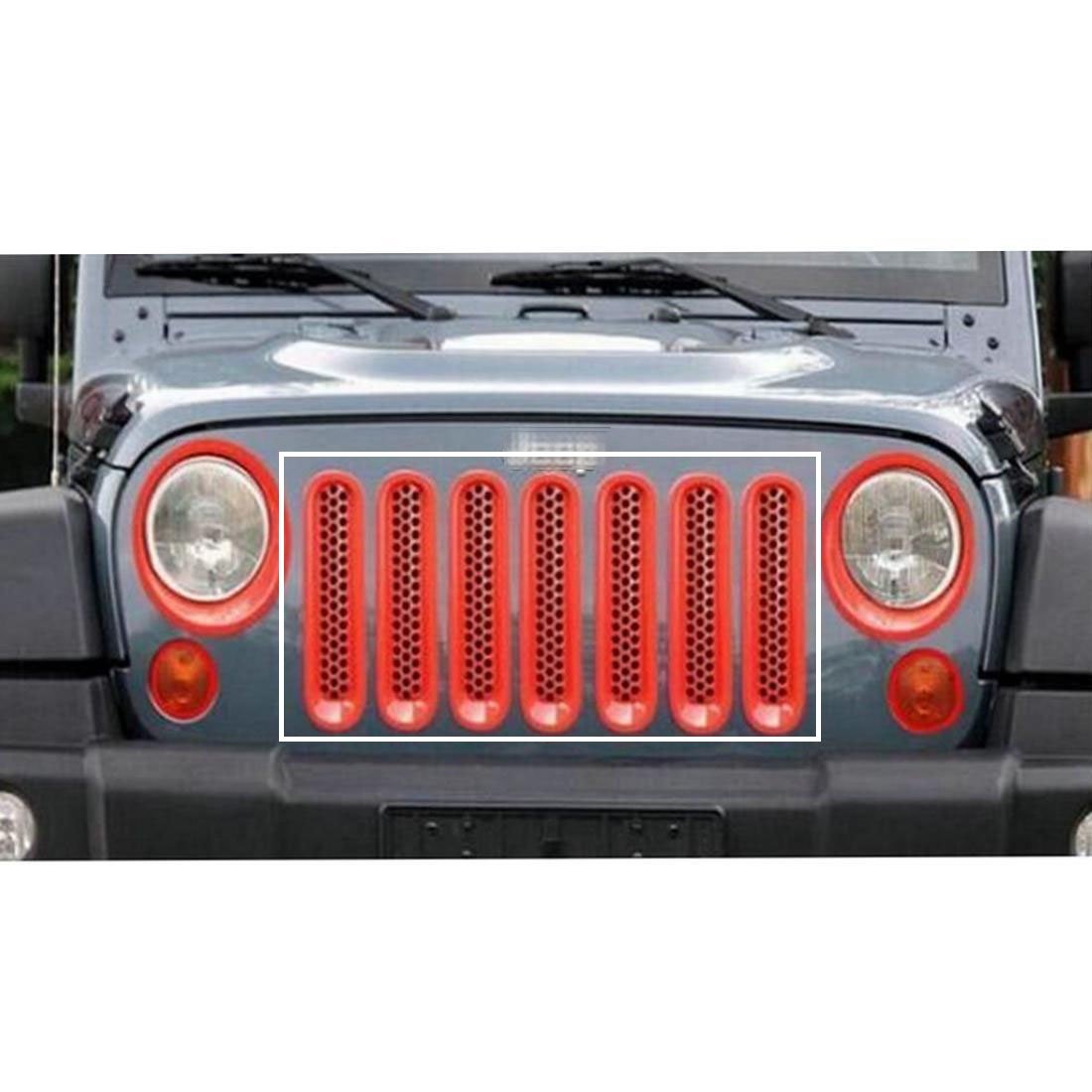 7-Piece Red Honeycomb Punch Grille Mesh Insert Trim Cover for 2007-2017 Jeep Wrangler JK - Front Bumper Decoration & Off-Road Style Upgrade