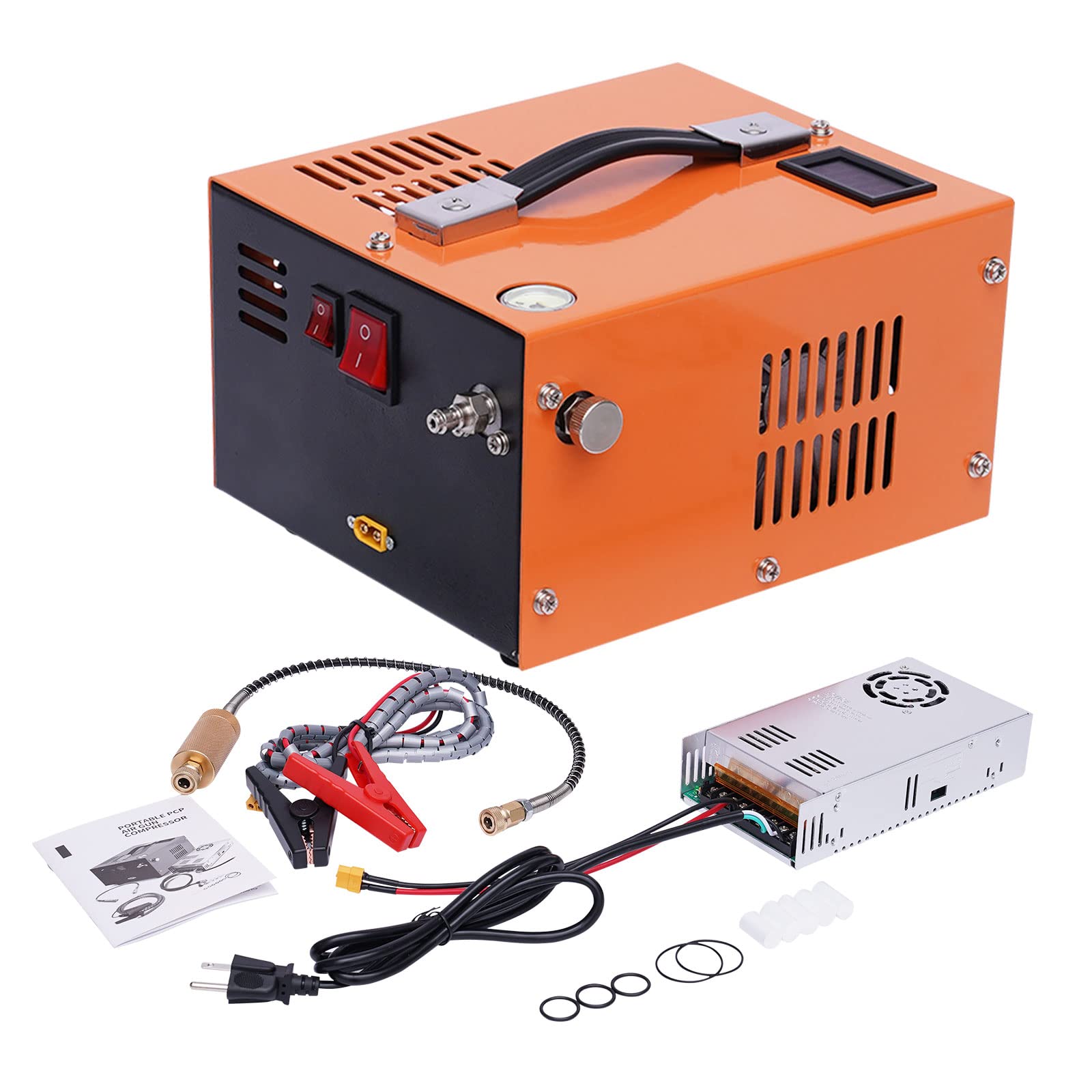 4500psi 12V High Pressure Air Compressor for PCP Air Guns - Portable PCP Pump with Built-in Transformer & Fan Cooling (Orange) - Perfect for Hunting, Paintball & Airsoft Refills