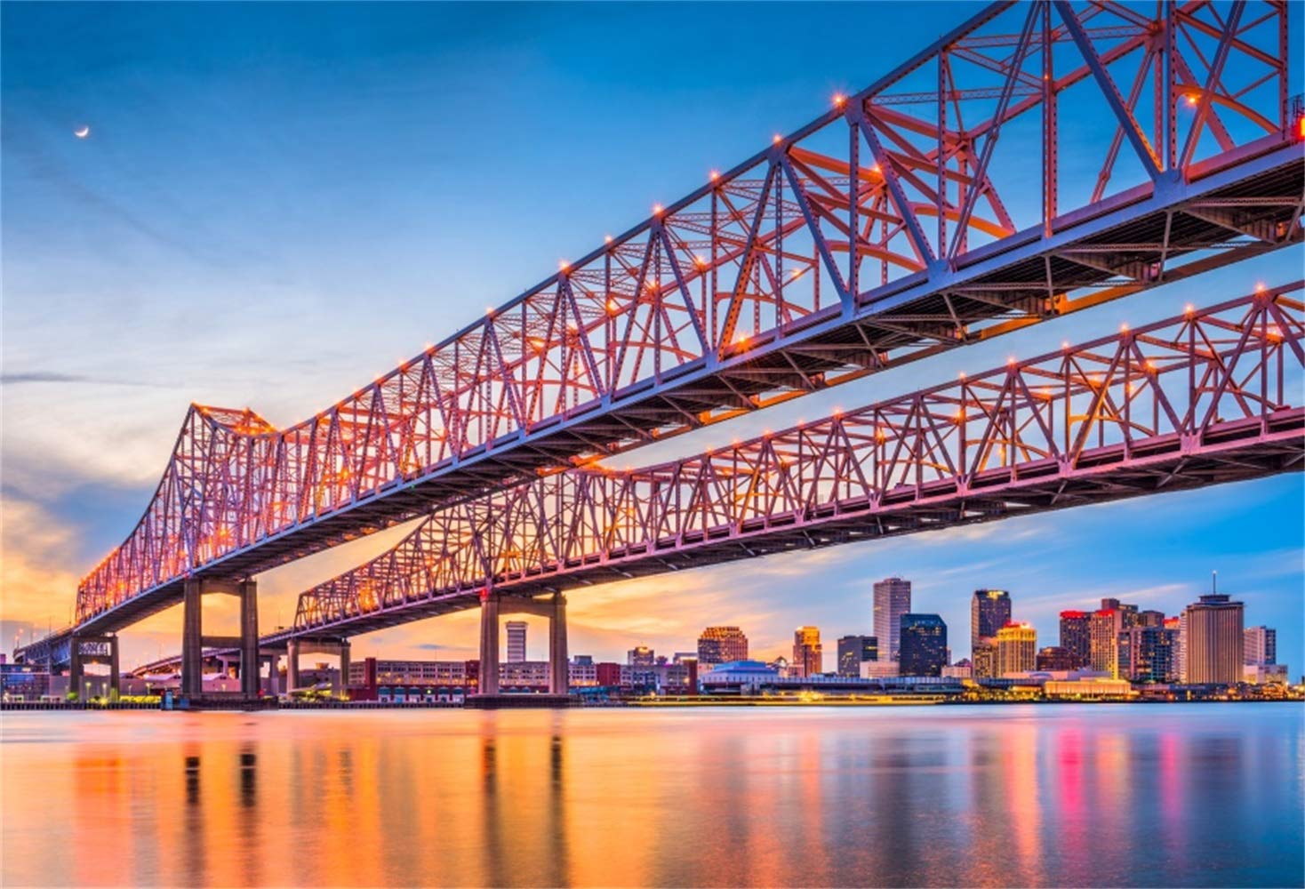 Laeacco 7x5ft New Orleans Skyline Photography Backdrop - Crescent City Bridge Vinyl Background with River Reflection & Sunset Glow | Perfect for Travel Theme Photos, Postcards, and Event Decorations