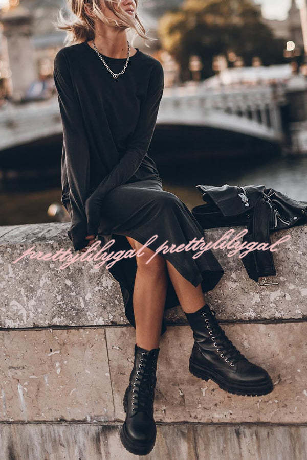 Bedisse Cotton Blend Long Sleeve Relaxed Slit Midi Dress - Comfortable Casual & Work Wear for Women | Perfect for Office, Date Night & Weekend Outings