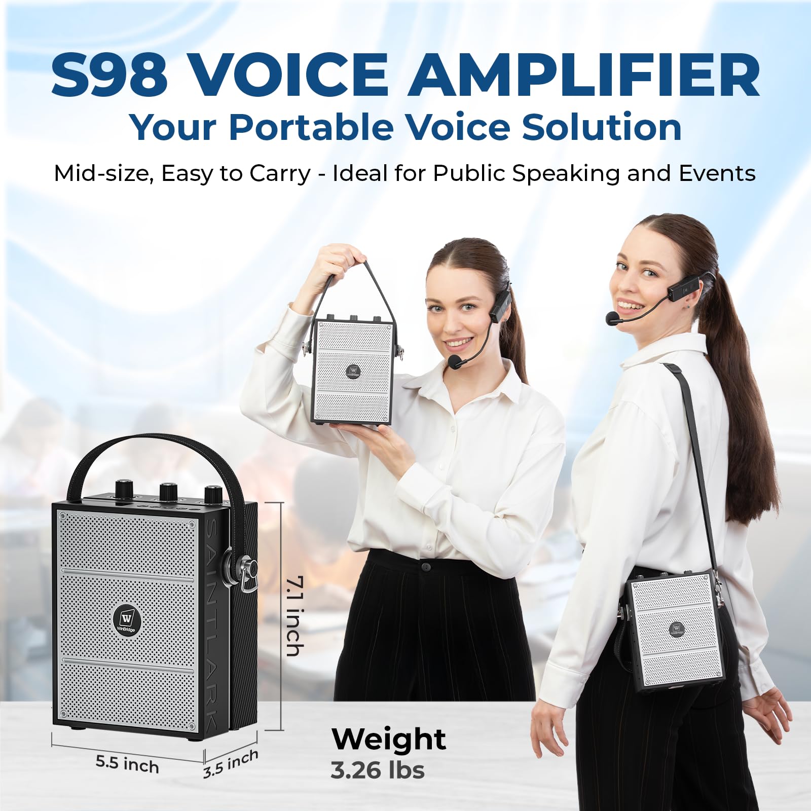 40W Portable Voice Amplifier with Wireless Headset Mic & Bluetooth Speaker - Hands-Free PA System for Teachers, Public Speaking, Events, Outdoor Activities & Presentations - S98 Megaphone with Adjustable Strap