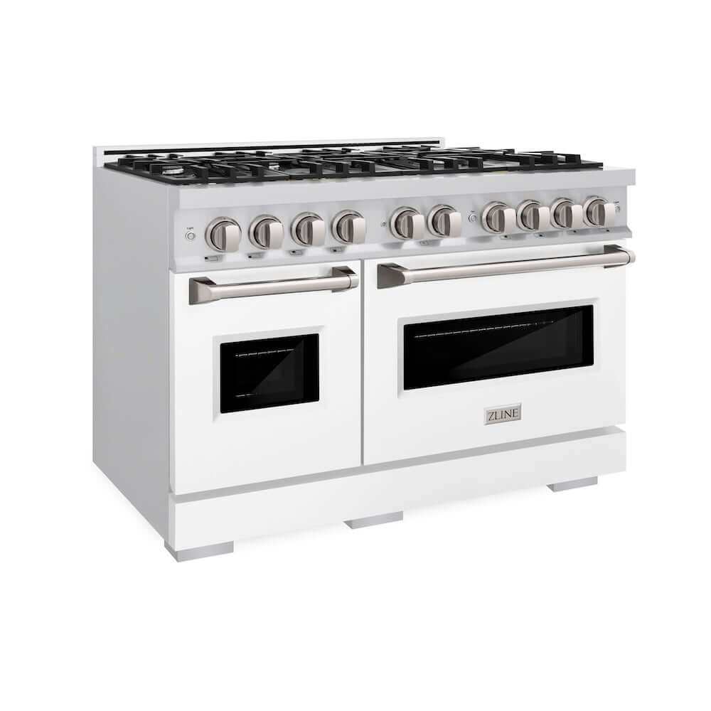 ZLINE 48 Inch 6.7 Cu. Ft. Professional Double Oven Gas Range with 8 Burner Cooktop - Stainless Steel with White Matte Doors (CGR WM 48) - Perfect for Large Kitchens, Home Chefs & Entertaining