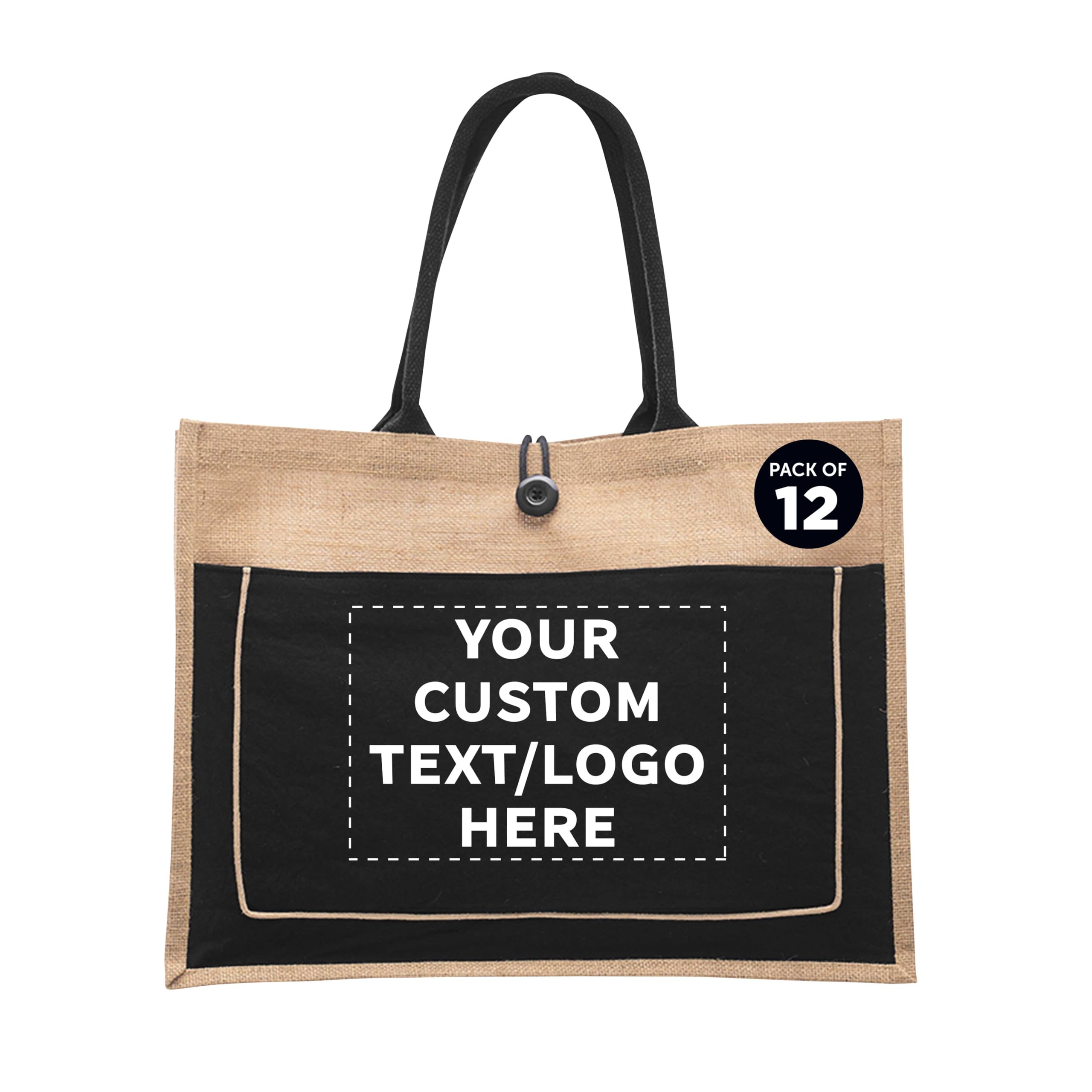 Custom Jute Tote Bags with Cotton Pocket - 50 Pack Bulk Wholesale Eco-Friendly Reusable Grocery Bags - Personalized Promotional Totes for Picnic, Beach, Camping, Outdoor Activities & Shopping - Black