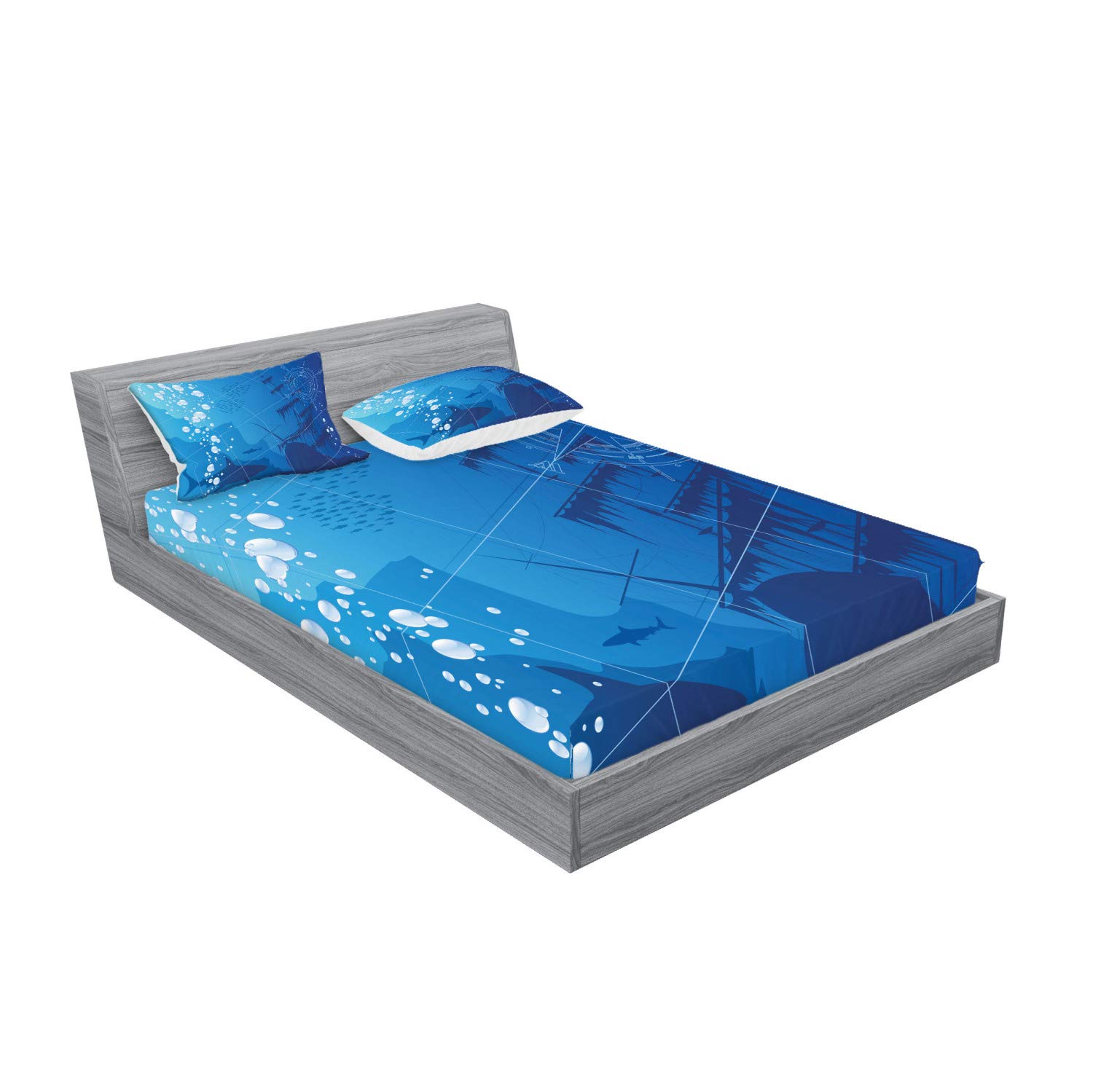 Ambesonne Nautical Queen Size 3-Piece Bedding Set - Shark & Ship Compass Printed Fitted Sheet & Pillow Shams, Blue White Ocean Theme | Perfect for Beach House Decor, Underwater Kids Room or Coastal Themed Bedroom