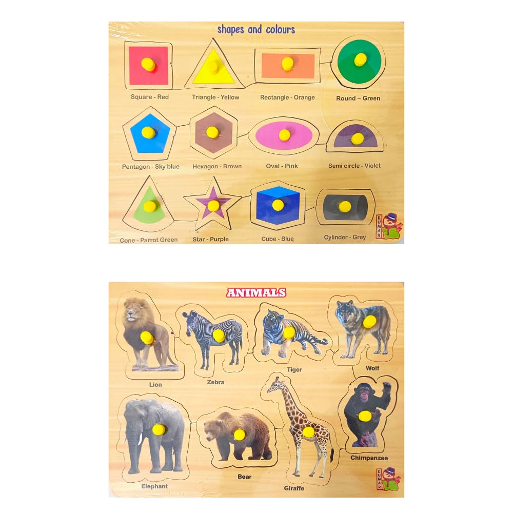Combo of 5 Wooden Learning Boards for Kids 3+ | Educational Wooden Puzzles for Toddlers & Adults | Shapes, Numbers 1-20, Wild Animals, Fruits | Perfect for Home, Classroom, and Montessori Learning