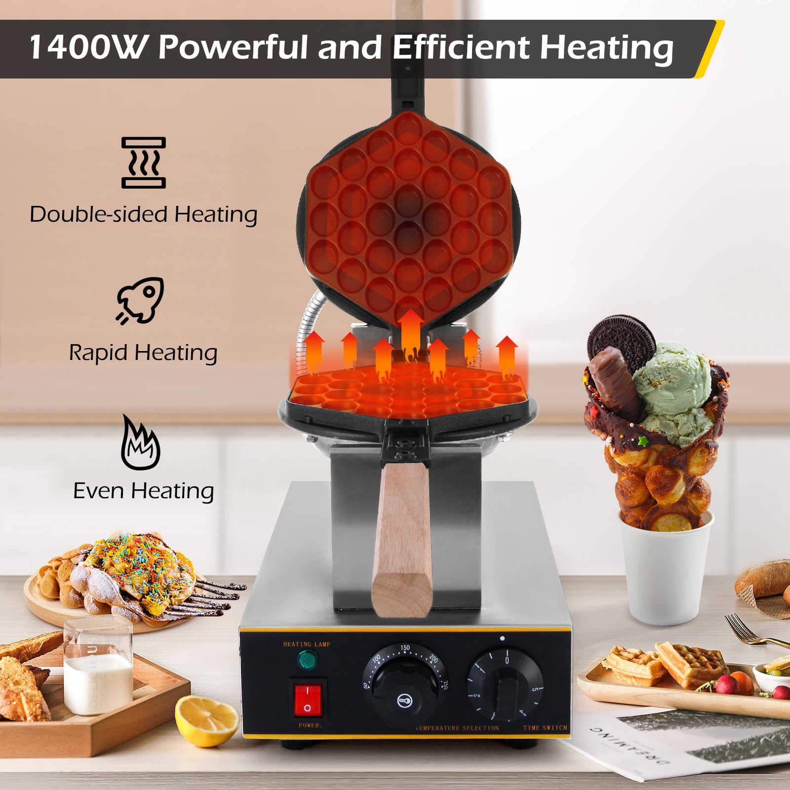 Dyna-Living 1400W Commercial Bubble Waffle Maker - Stainless Steel Electric Egg Puff Waffle Iron Machine with 180° Rotation & Non-Stick Coating - Perfect for Home, Cafes, and Street Food Businesses - Make Authentic Hong Kong Style Egg Waffles (Gai Daan Jai) for Breakfast, Desserts, or Snacks