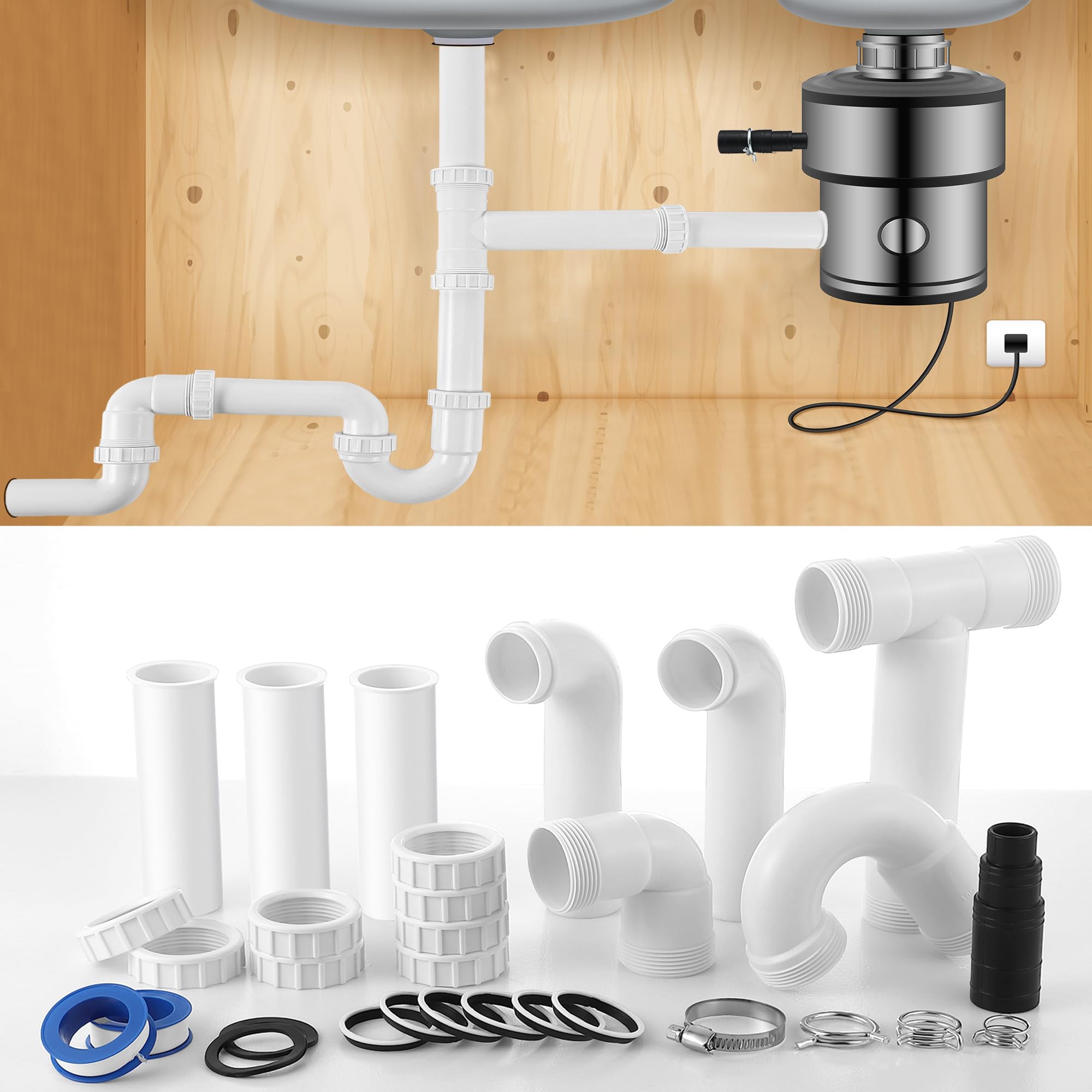 Saillong 27-Piece Garbage Disposal Installation Kit - Complete Kitchen Sink Drain Pipe Set for Double Bowl Sinks, 1-1/2
