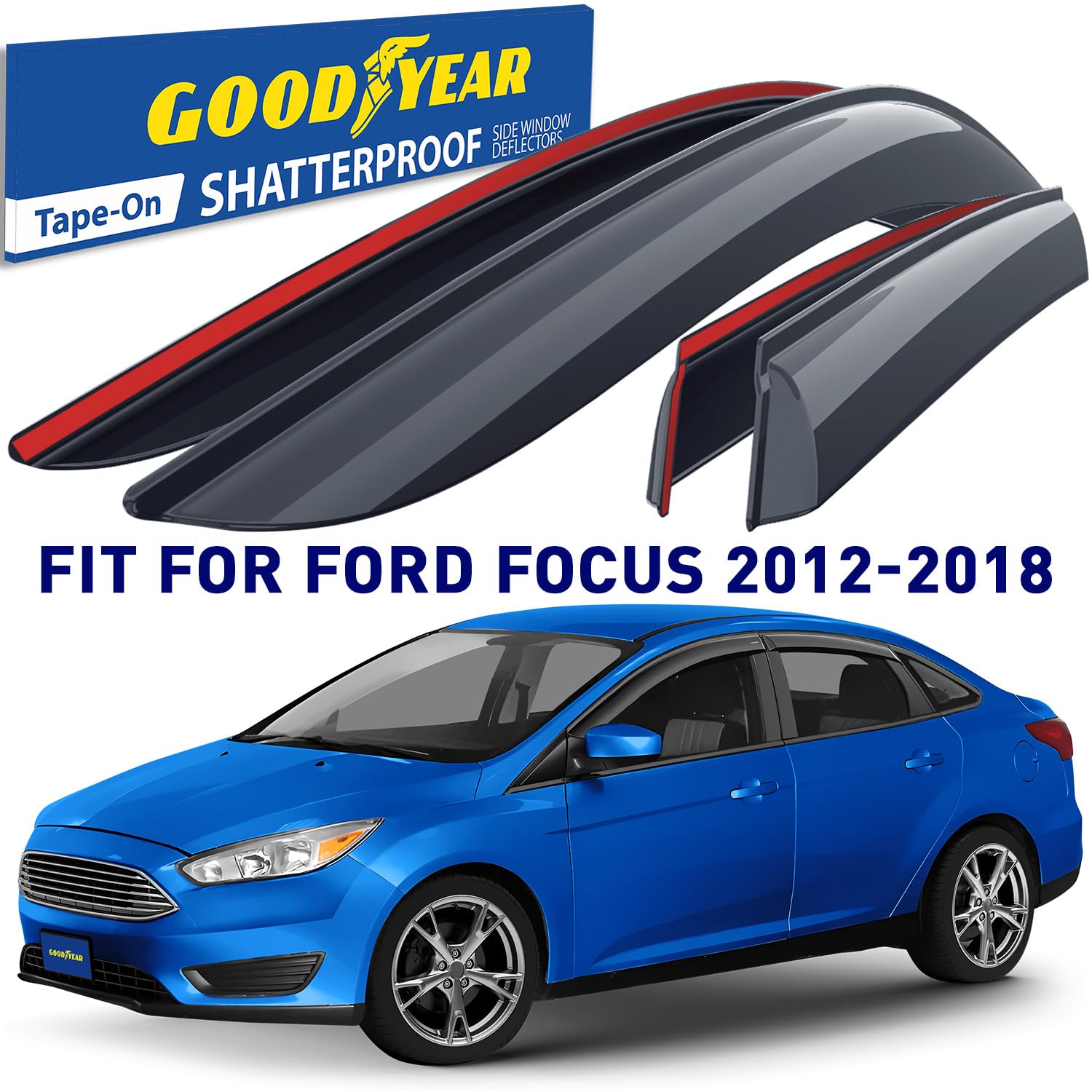 Goodyear Shatterproof Side Window Deflectors for Ford Focus 2012-2018 - 4pc Tape-on Rain Guards & Vent Visors - Car Window Deflectors for Weather Protection & Fresh Air - Perfect for Rainy Days & Highway Driving