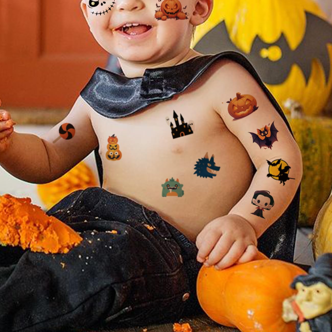 Halloween Temporary Tattoos for Kids - 74 Sheets of Pumpkin, Bat & Skeleton Tattoos - Perfect for Halloween Parties, Goodie Bags & Costume Accessories - Safe & Fun Body Art for Boys & Girls