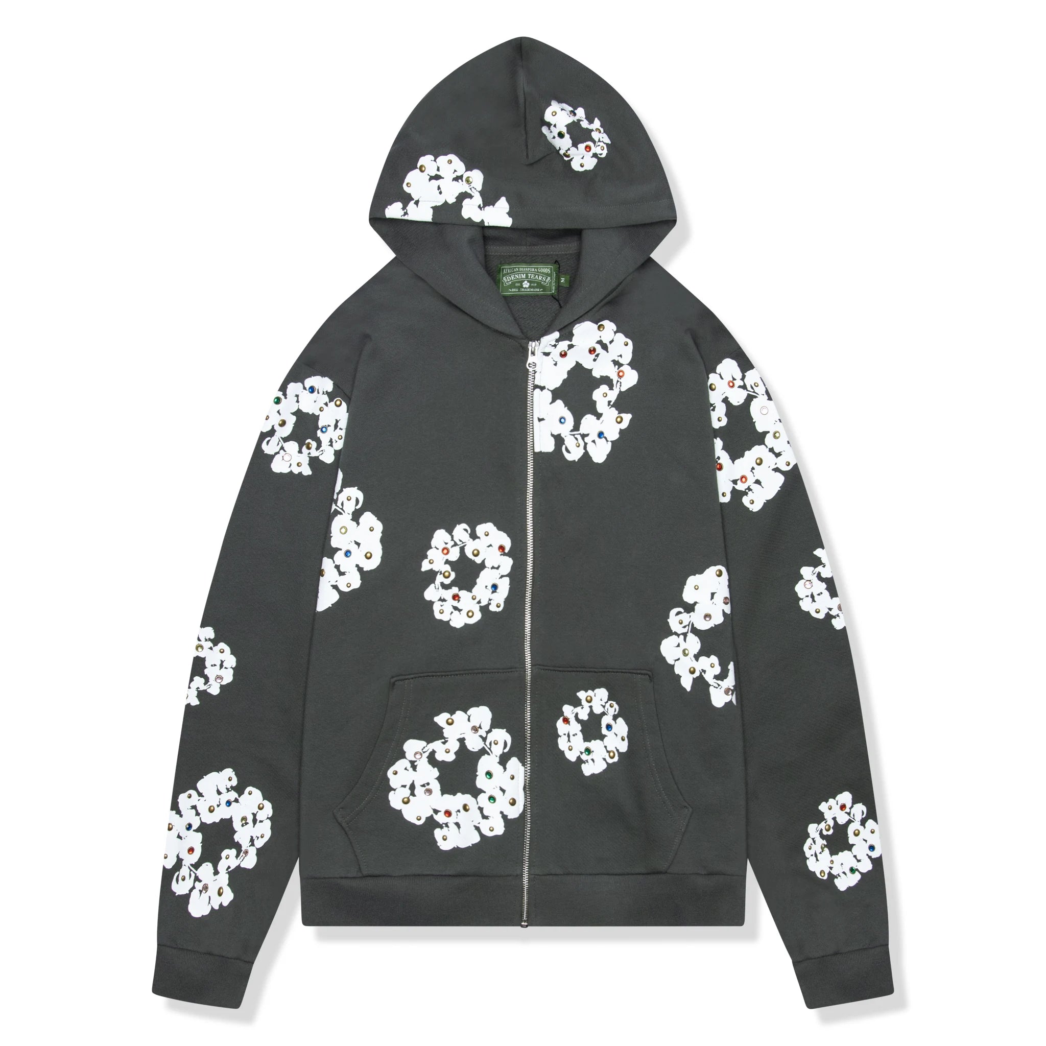 Denim Tears Rhinestone Cotton Wreath Vintage Black Zip Up Hoodie for Men - Stylish Streetwear Jacket for Casual Outfits & Hip Hop Fashion