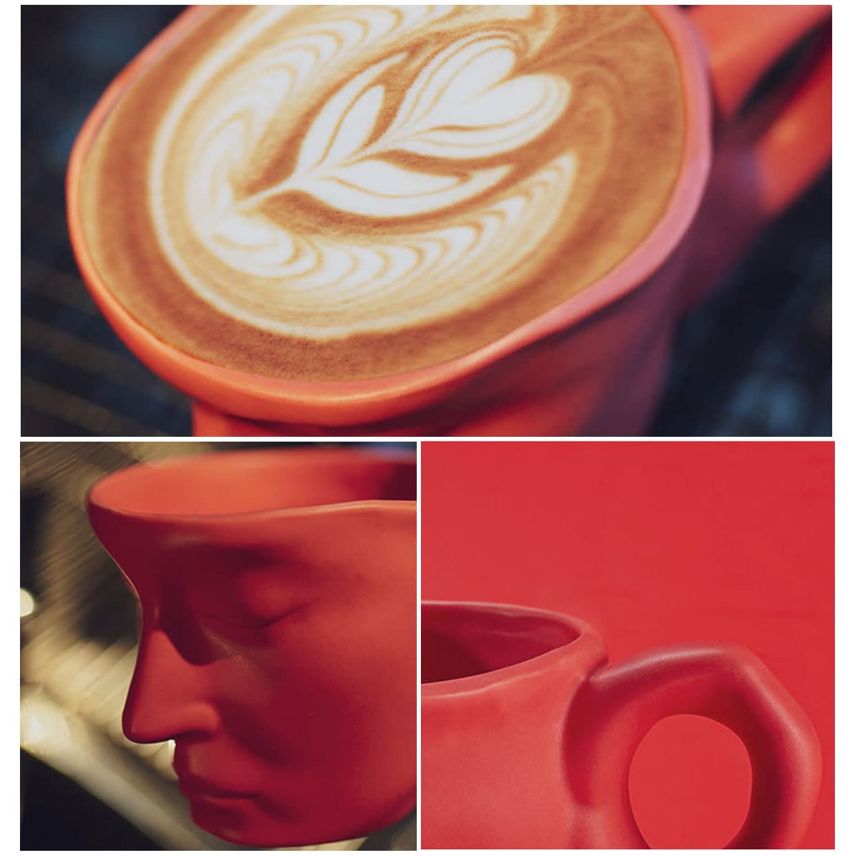 Creative Face Mug Set - 4-Piece Ceramic Coffee Cups & Saucers for Espresso, Cappuccino, Latte - Fun Tea Drinking Cups - Microwave & Dishwasher Safe (Red) - Perfect for Home, Office & Gifts