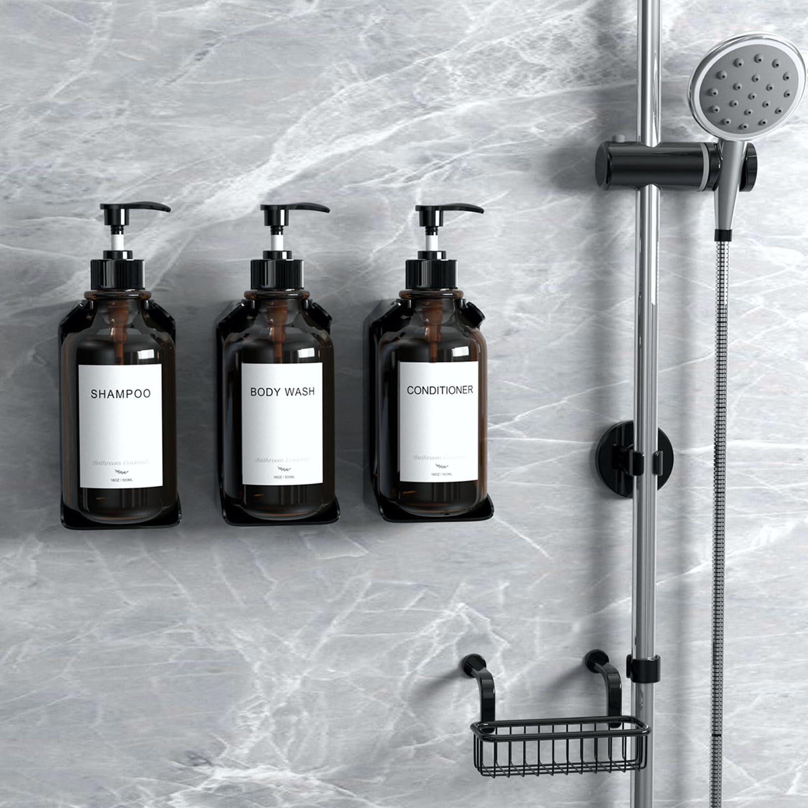 Modern 3-Chamber Shampoo and Conditioner Dispenser Set - No Drill Wall Mounted 16oz Bathroom Shower Soap Dispenser with 6 Labels, Easy Refill for Shampoo, Conditioner & Body Wash - Amber - Perfect for Spa-Like Showers, Guest Bathrooms & Organized Family Homes