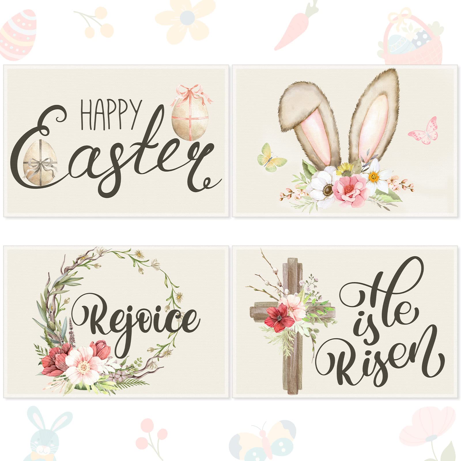 Happy Easter Placemats Set of 4 - 12x18 Inch Heat Resistant Bunny Egg Table Mats with Non-Slip Backing - Floral 'He is Risen' Design - Washable Spring Kitchen & Dining Decor for Easter Brunch, Holiday Gatherings and Home Celebration