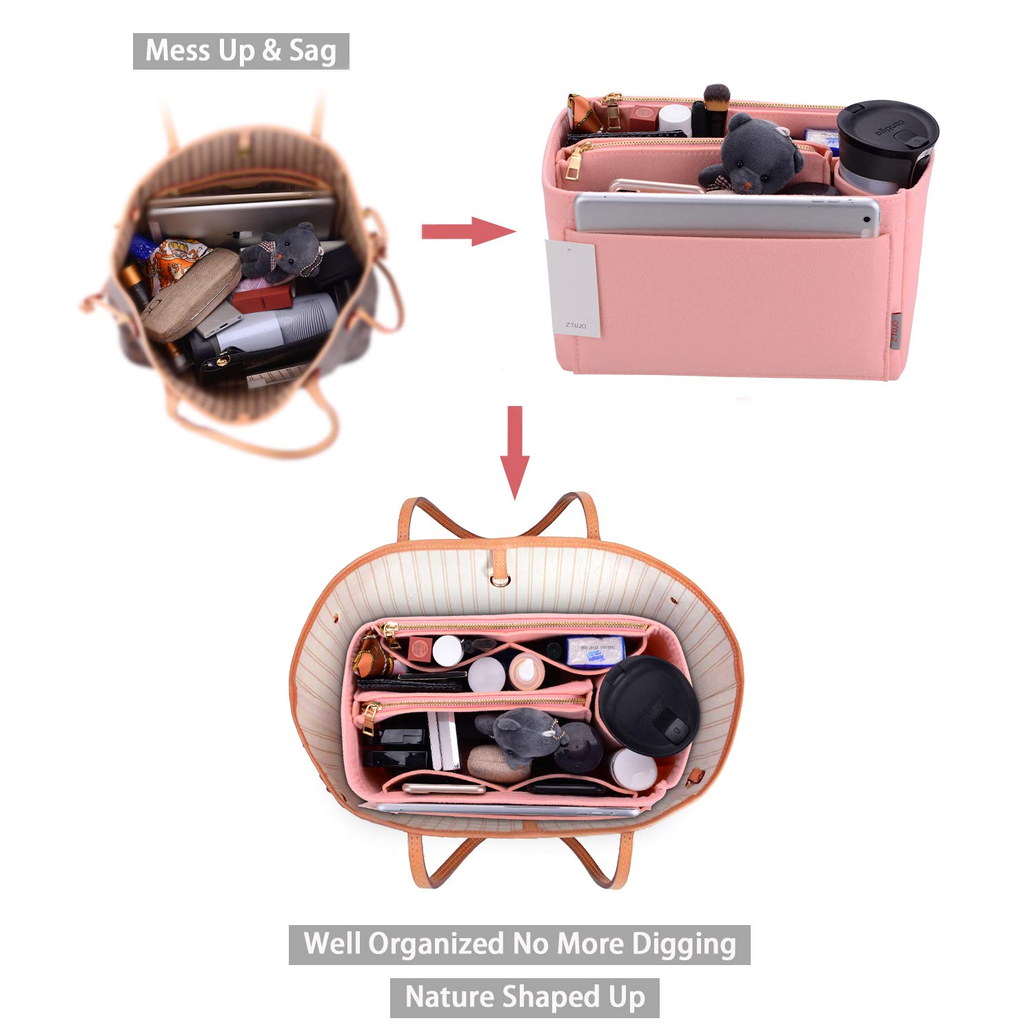 ZTUJO Felt Purse Organizer Insert for Louis Vuitton Speedy, Neverfull, Graceful & Tote Bags - Handbag Shaper & Storage Solution for Women's Designer Bags (Perfect for Travel, Work & Everyday Use)