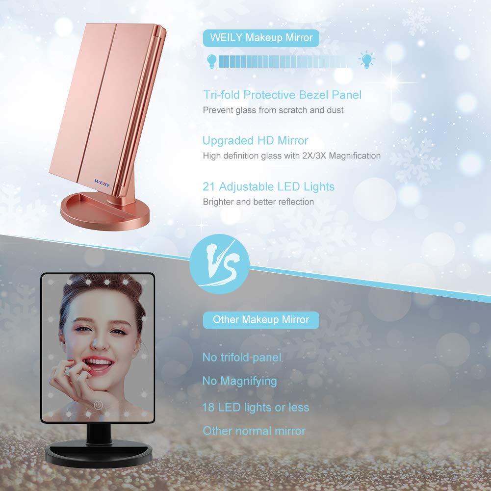 WEILY 21 LED Lighted Makeup Mirror with Touch Screen, 1x/2x/3x Magnification & Dual Power Supply - Tri-Fold Vanity Mirror for Makeup, Skincare, Shaving (Rose Gold) - Perfect for Bedroom, Bathroom & Dressing Table