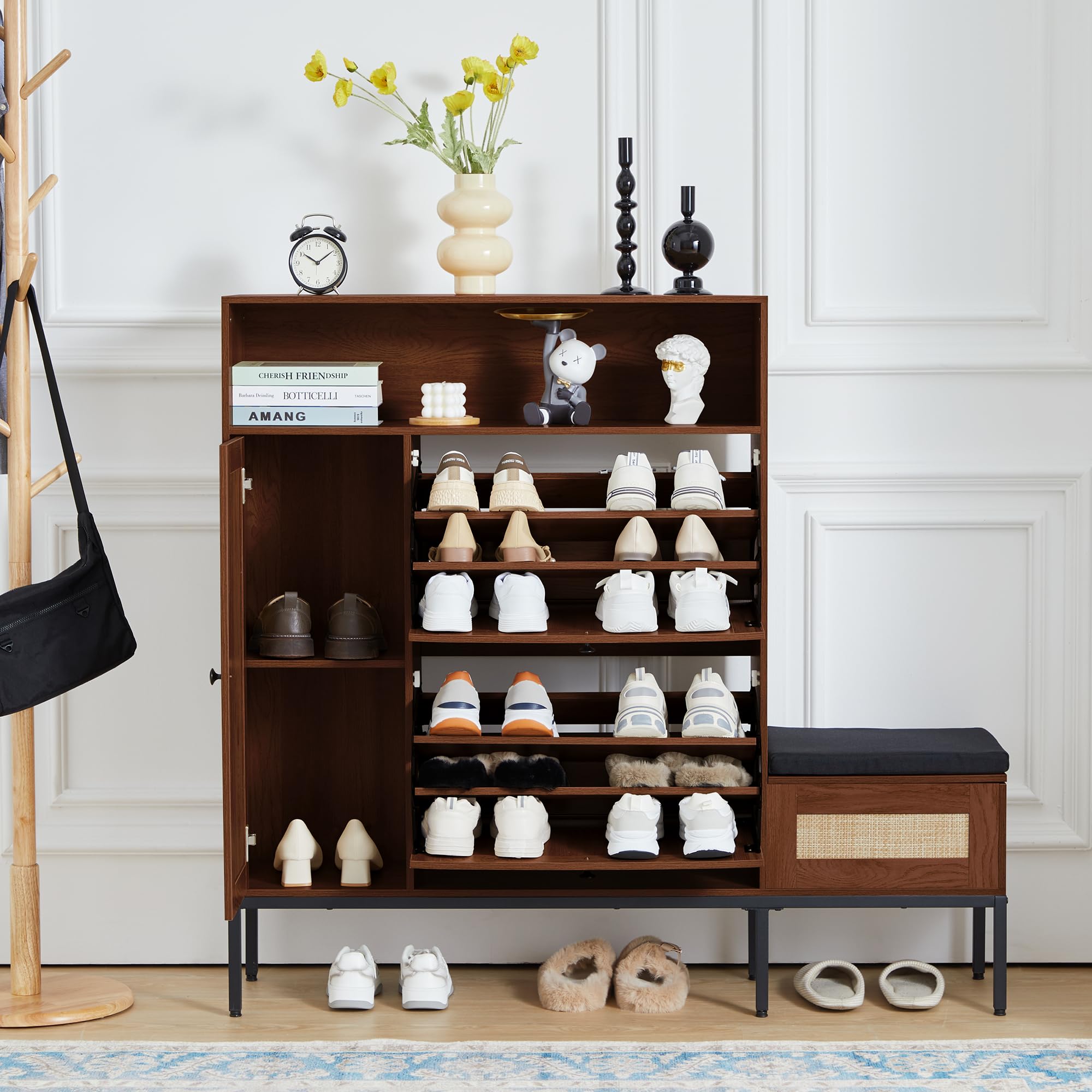 Modern Shoe Storage Cabinet with 2 Flip Drawers & Rattan Door - Entryway Bench with Hidden Space, Shoe Rack Organizer for Hallway, Living Room, Bedroom (Walnut) - Perfect for Small Spaces & Shoe Lovers