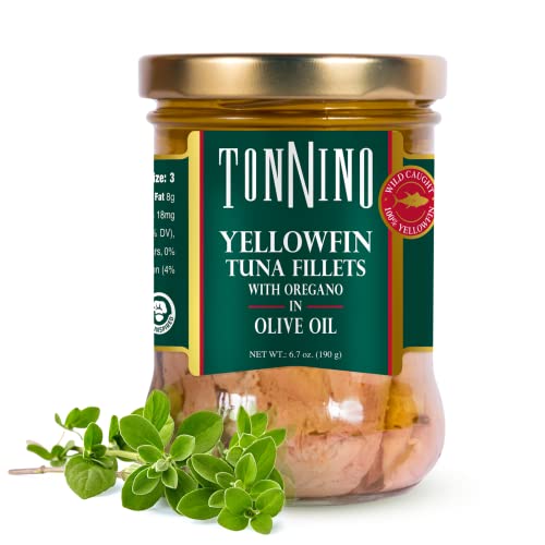 Premium Tonnino Yellowfin Tuna Fillets in Olive Oil with Oregano - Gluten Free, Low Calorie, High Protein - 6.7 oz Jar (Pack of 6) - Perfect for Salads, Sandwiches & Keto Meals
