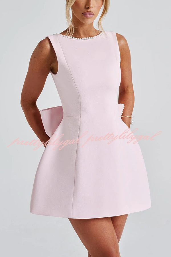 Elegant Pearl Embellished Large Bow Slim Fit Mini Dress for Women - Perfect for Parties, Weddings & Special Occasions