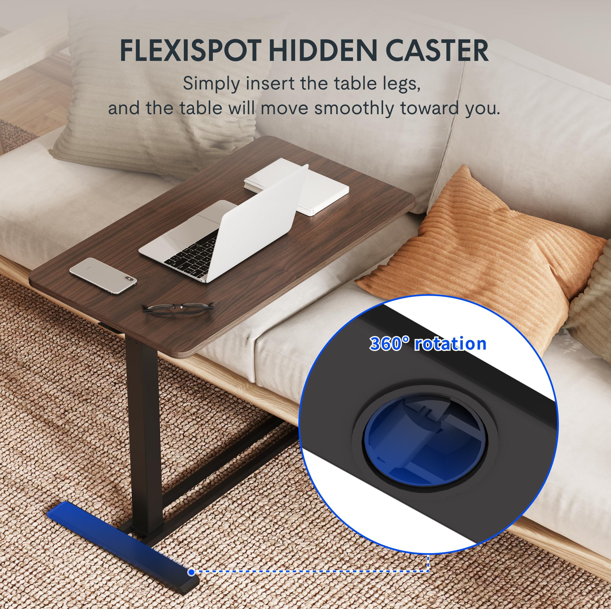 FLEXISPOT Adjustable C-Shaped End Table with Wheels - Mobile Rolling Side Table for Sofa, Couch & Bed - Laptop Cart, TV Tray & Nightstand for Small Spaces - Rustic Brown - Perfect for Living Room, Bedroom & Office Use