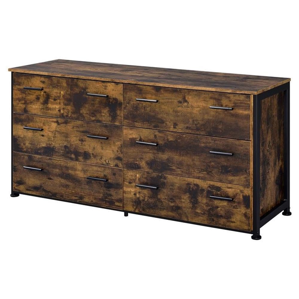 Acme Juvanth 6-Drawer Wooden Dresser with Sturdy Metal Legs - Rustic Oak & Black Finish - Perfect for Bedroom Storage, Living Room Organization & Dorm Room Essentials