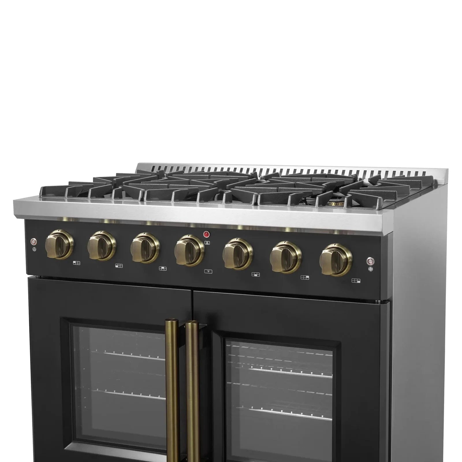 Forno Galiano 36 Inch French Door All Gas Range - Black with Antique Brass Trim - Model FFSGS6444 36BLK - Perfect for Modern Kitchens & Professional Chefs