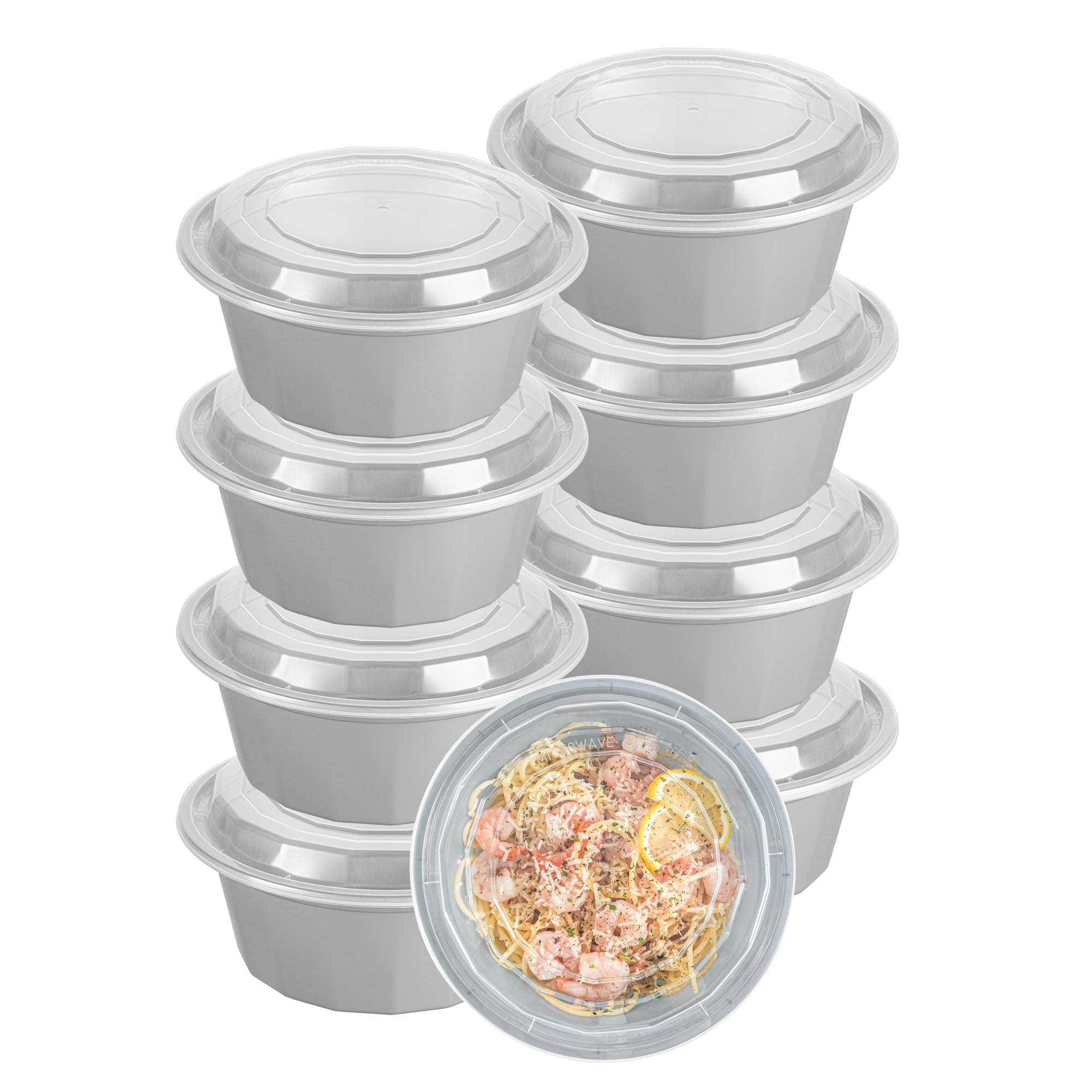 32 oz Round Silver Plastic Food Storage Containers with Clear Lids - Microwave Safe, Reusable To-Go Boxes (7.25