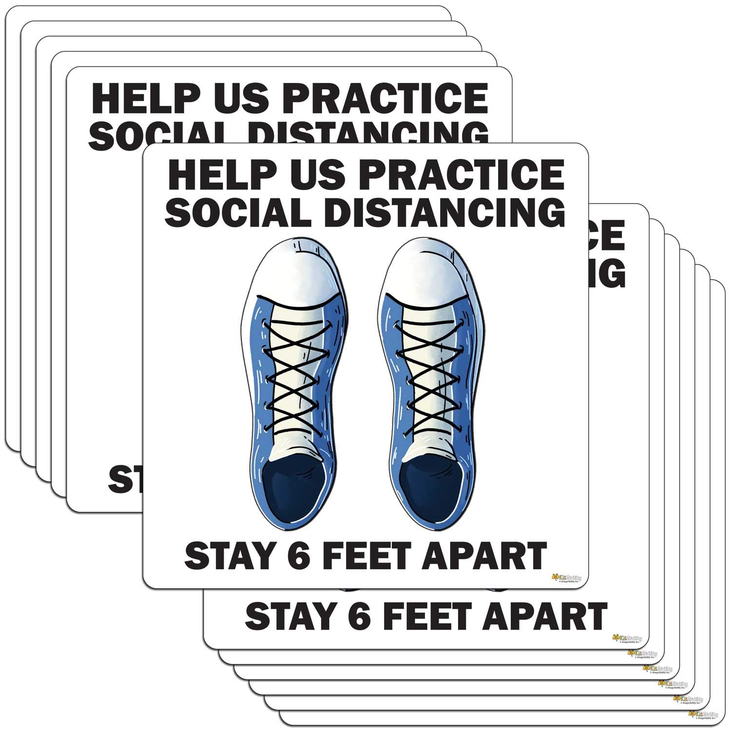 Non-Slip Social Distancing Floor Stickers - 12 Pack of 15x15 Inch Shoe Graphics for 6 Feet Apart Safety, Blue Sneaker Design for Retail Stores, Schools & Offices