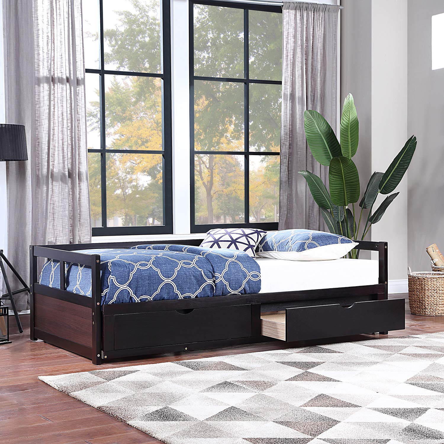 Extendable Wooden Daybed Frame - Twin to King Size with Trundle & 2 Storage Drawers | Convertible Sofa Bed for Bedroom, Living Room & Guest Room (Espresso Finish) | Perfect for Small Spaces, Sleepovers & Multi-Functional Furniture Needs