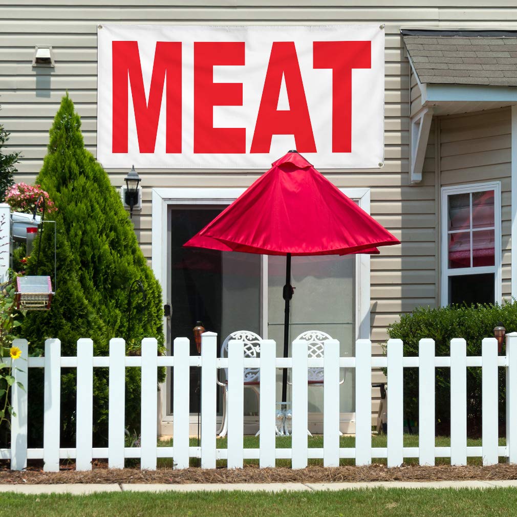 Meat Red Vinyl Banner - Weatherproof Outdoor Restaurant & Food Truck Sign - Multiple Sizes (24x48 Inches) with 4 Grommets - Perfect for Commercial Use, Yard Sales & Industrial Signage