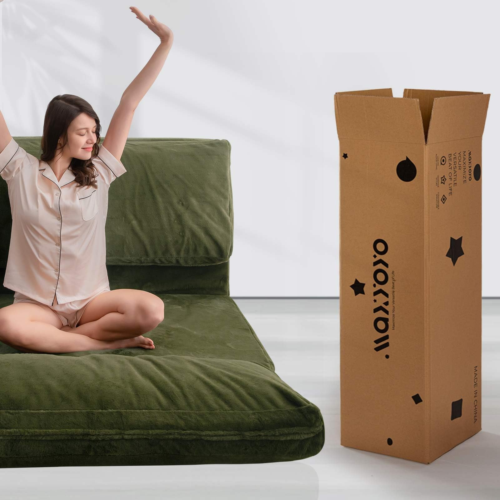 MAXYOYO Extra Thick Faux Fur Bean Bag Bed - Foldable Sofa Bed & Floor Mattress for Adults (54x95 Inch, Olive Green) | Washable Cover, Full Size Trifold Design | Perfect for Living Rooms, Dorms, Guest Beds & Lounge Areas