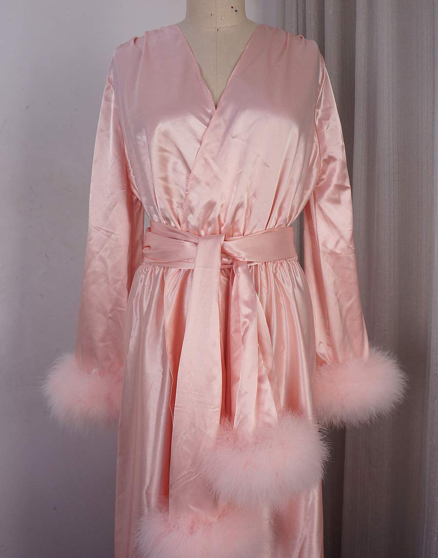 Bridal Robe for Getting Ready - Soft Satin Morning Pajamas with Feather Trim, Long Party Dress for Wedding, Bachelorette & Spa Day - Perfect for Bridal Shower, Photoshoots & Relaxation