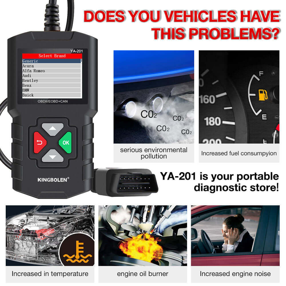 KINGBOLEN® YA201 OBD2 Scanner - Check Engine Light Diagnostic Tool for Car, Truck & SUV - Read & Clear Fault Codes - Compatible with Android & iOS - Perfect for DIY Mechanics & Auto Repair Shops