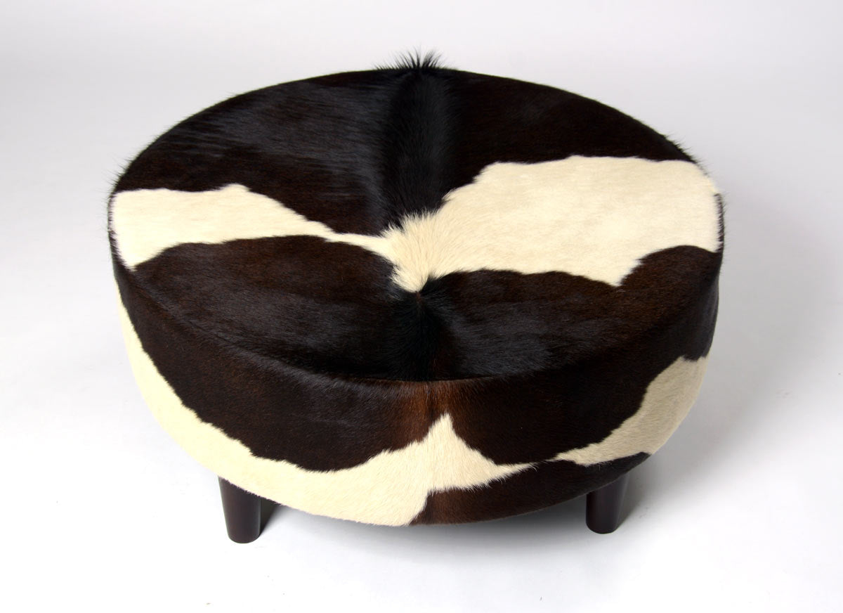 Premium Round Cowhide Ottoman with Wooden Legs - 32
