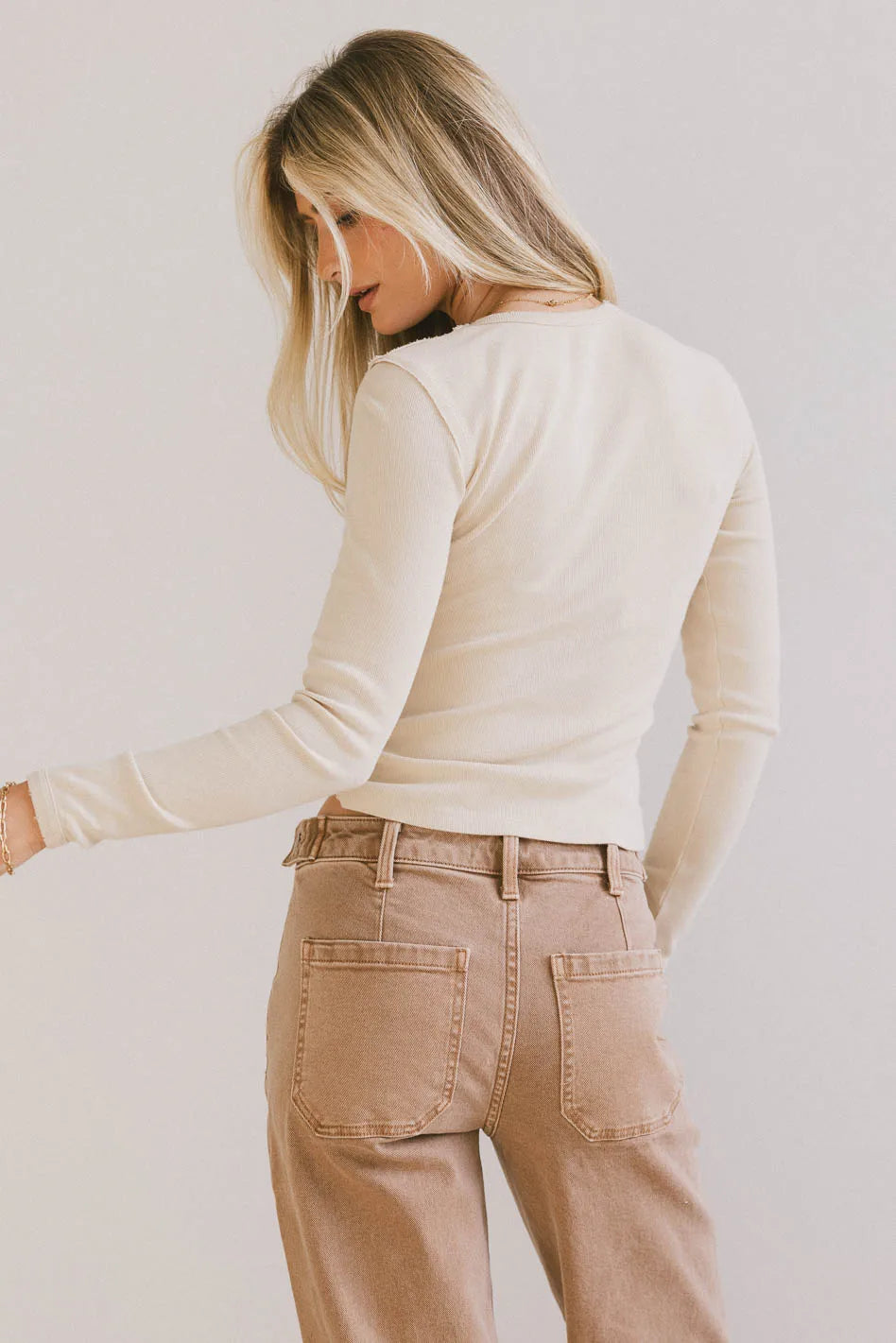 Lexie Ribbed Beige Top for Women - Soft Stretch Casual & Layering T-Shirt for Everyday Wear, Outfits, and Office Looks
