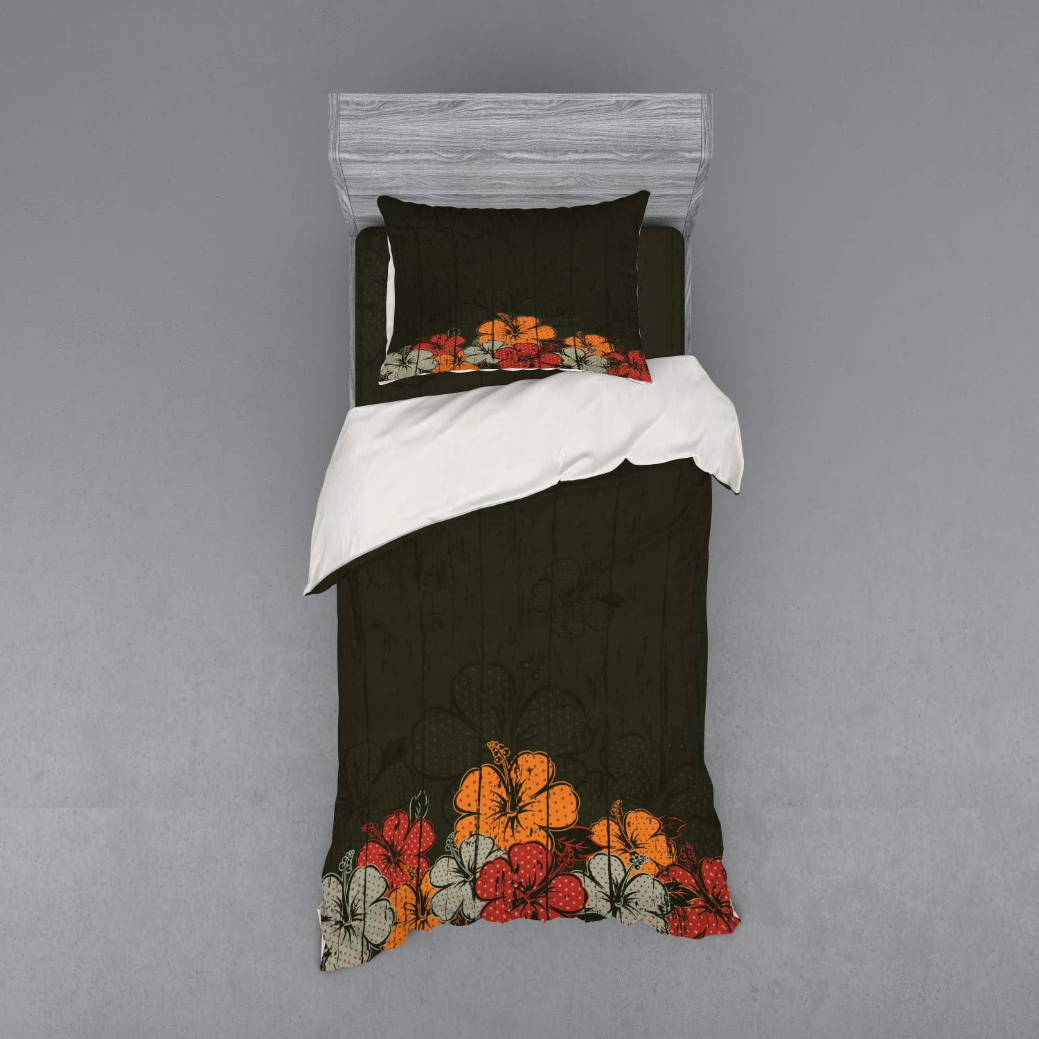 Ambesonne Floral Bedding Set - Abstract Wooden Backdrop with Hawaiian Flowers, Leaves & Blooms - 3 Piece Duvet Cover Set with Sham & Fitted Sheet - Twin XL Size - Amber Red Army Green - Perfect for Boho Bedroom Decor & Tropical Themed Guest Rooms