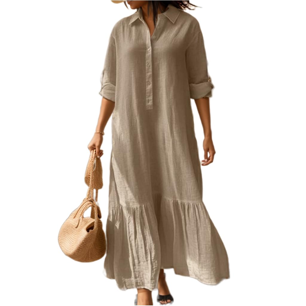 Women's Casual Long Sleeve V-Neck Maxi Shirt Dress with Button Lapel & Ruffle Hem - Elegant Solid Color Roll-Up Sleeve Dress for Work, Date Night and Spring Outfits