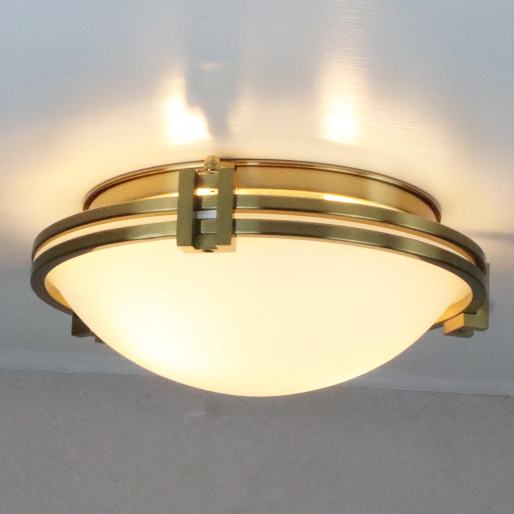 Vintage Gold Flush Mount Ceiling Light - 12 Inch Milk Glass Fixture with 2 Lights - Mid Century Brass Ceiling Lamp for Bedroom, Hallway, Kitchen - Perfect for Dining Room, Living Room, and Entryway Lighting