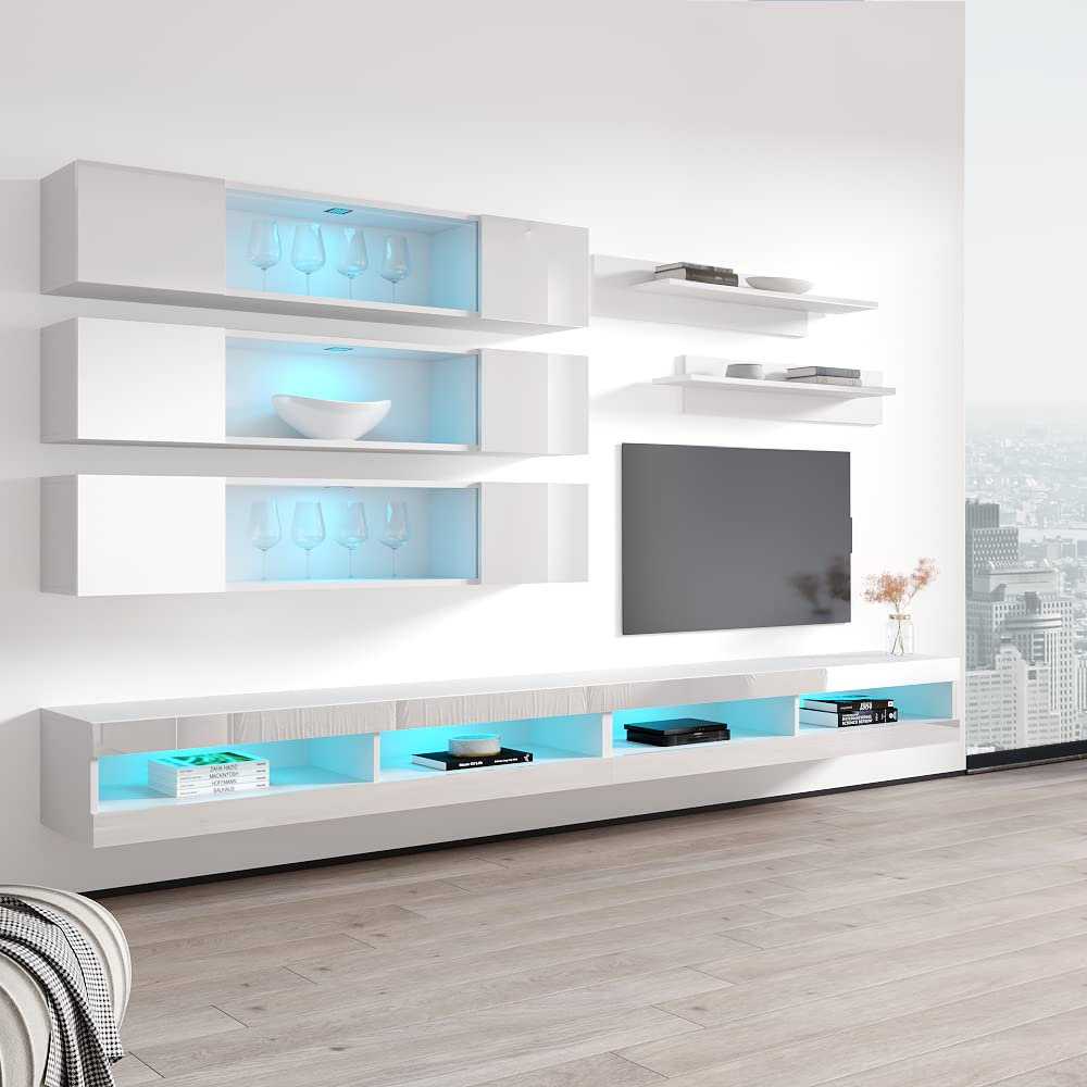 Modern White Wall-Mounted TV Stand with Storage Shelves & LED Lights - Floating Entertainment Center Console for Living Room & Bedroom - Space-Saving Furniture for Small Apartments & Home Theaters