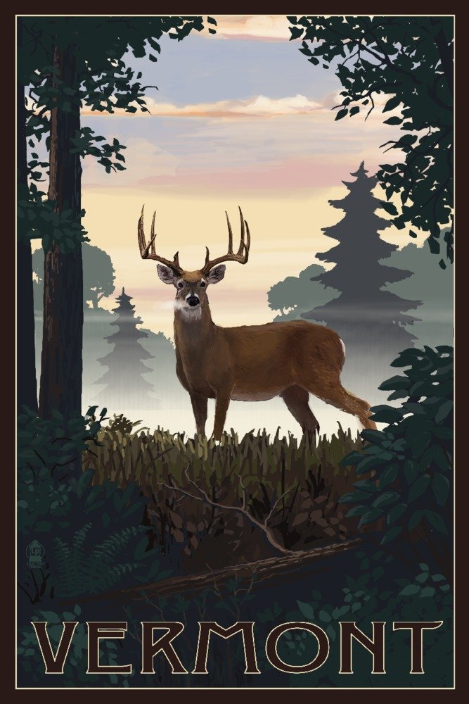 Lantern Press Vermont Deer and Sunrise 16x24 Wrapped Canvas Wall Art - Nature Inspired Home Decor for Living Room, Bedroom & Office