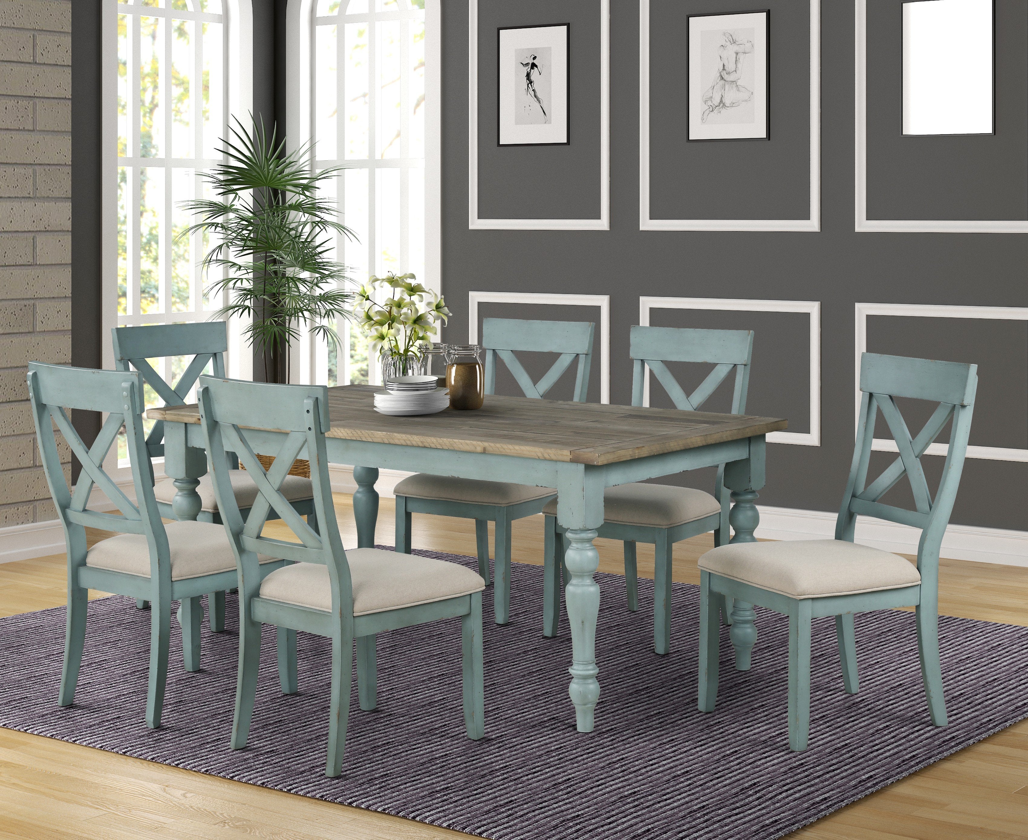 7-Piece Dining Table Set with Cross Back Chairs - Modern Farmhouse Kitchen Furniture for Family Meals & Entertaining