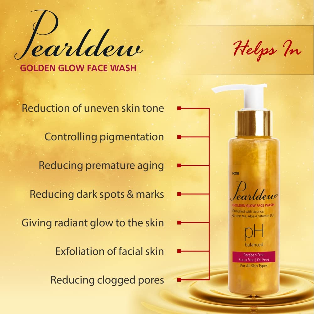 Pearldew Golden Glow Face Wash with Licorice, Green Tea & Aloe - 100ml Organic Vitamin E & B3 Cleanser | Oil-Free, Soap-Free, Paraben-Free | Brightening & Hydrating for Daily Skincare Routine