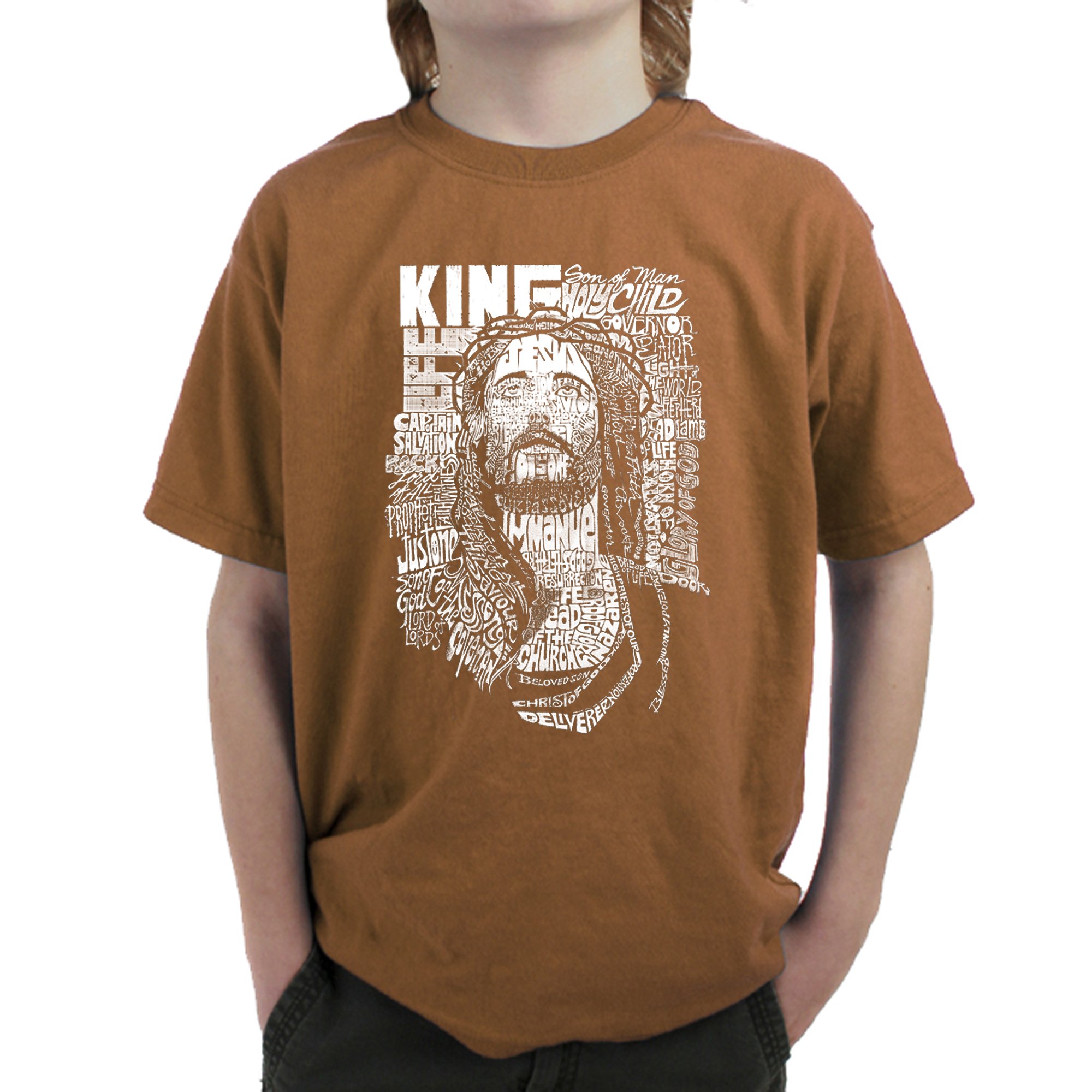 LA POP ART Boys Christian T-Shirt - Jesus Name Word Art Design | Religious Graphic Tee for Church, Sunday School & Youth Group Events