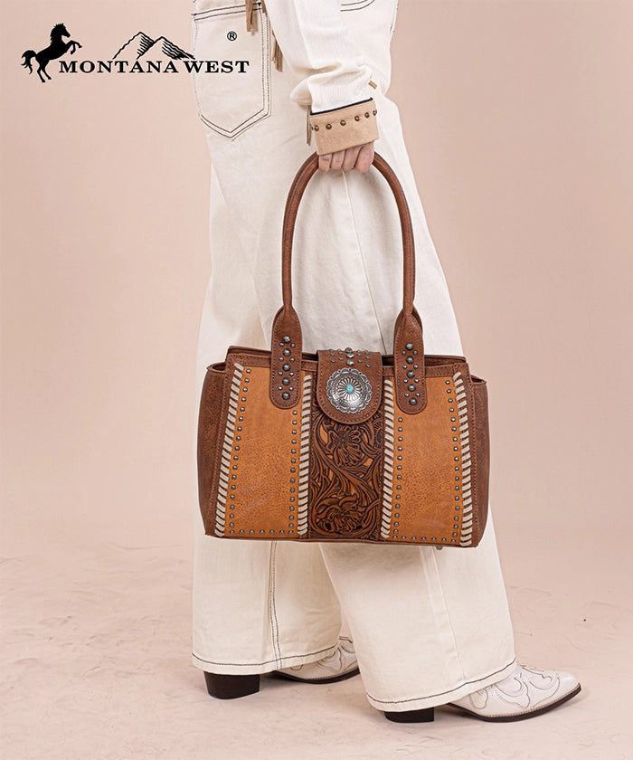Montana West Tooled Leather Concealed Carry Tote Bag for Women - Western Style Handbag with Concho Details - Perfect for Everyday Use, Travel & Concealed Carry
