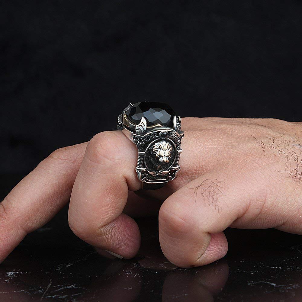 Large Lion Ring with CZ Stones in Black Sterling Silver - Unique Handmade Jewelry for Men & Women | Perfect Birthday Gift (RP1231) | Ideal for Parties, Weddings & Fashion Statements