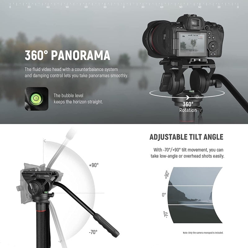 Neewer GM76 Professional Camera Monopod with Fluid Head - Lightweight Aluminum Tripod for DSLR Cameras, Video Shooting, Travel & Outdoor Photography