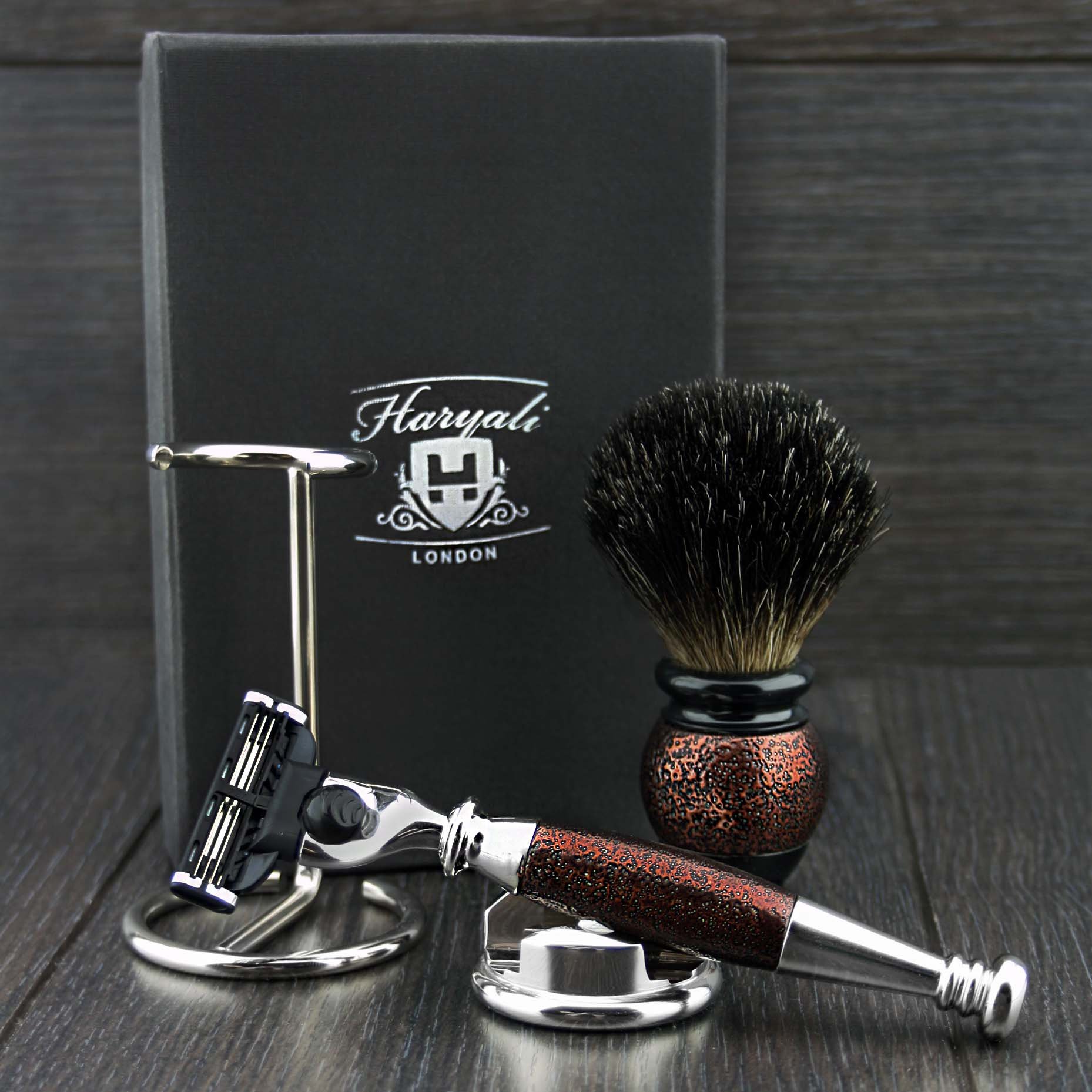 4 Piece Men's Shaving Kit with 3 Edge Razor, Black Badger Hair Shaving Brush & Stands - Premium Grooming Set for Smooth Shaving at Home or Travel