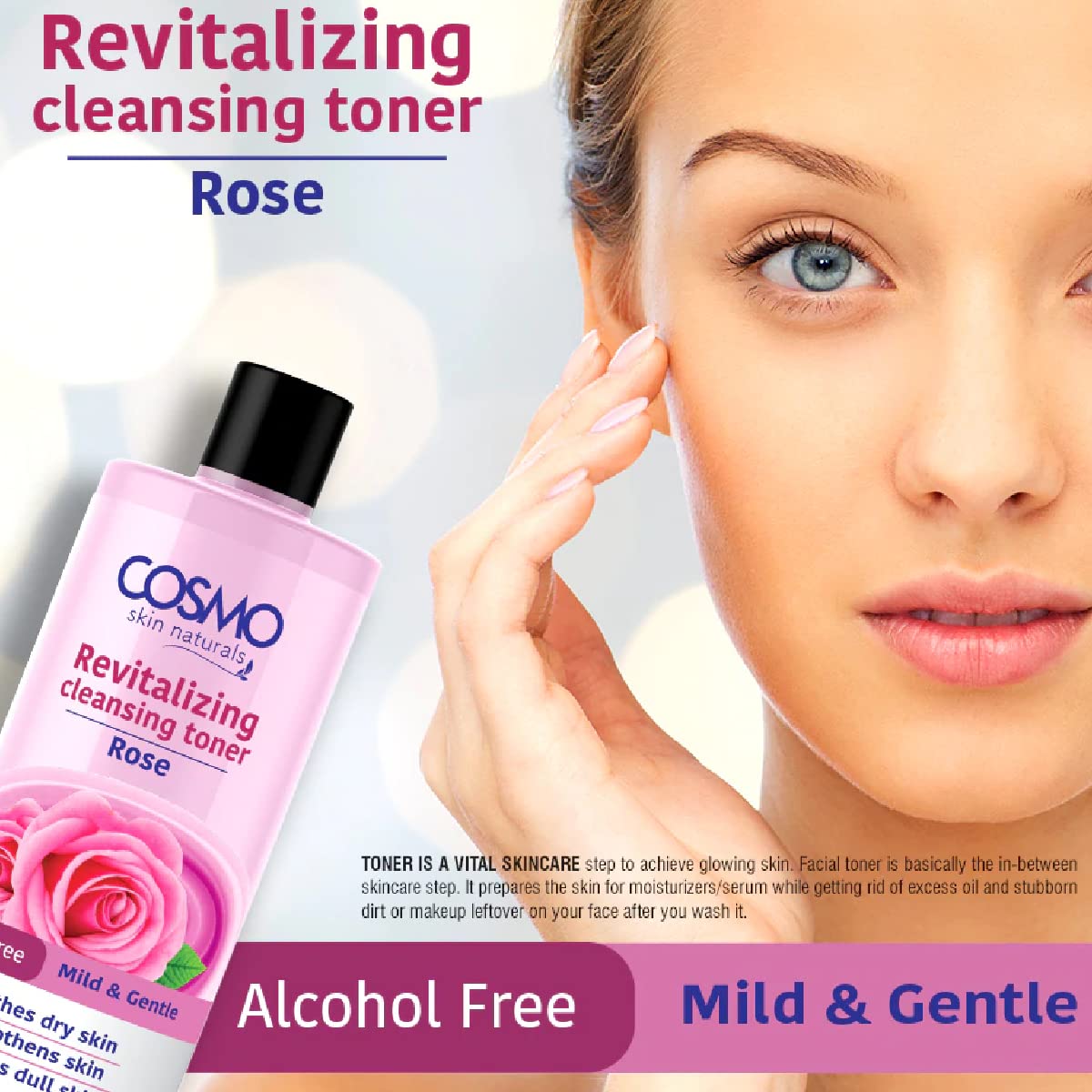Cosmo Rose Revitalizing Cleansing Toner 250ml - Alcohol-Free Facial Toner for All Skin Types | Skin Purifying & Glow Boosting | Paraben-Free Daily Face Wash | Perfect for Summer Skincare Routine & Travel Essentials